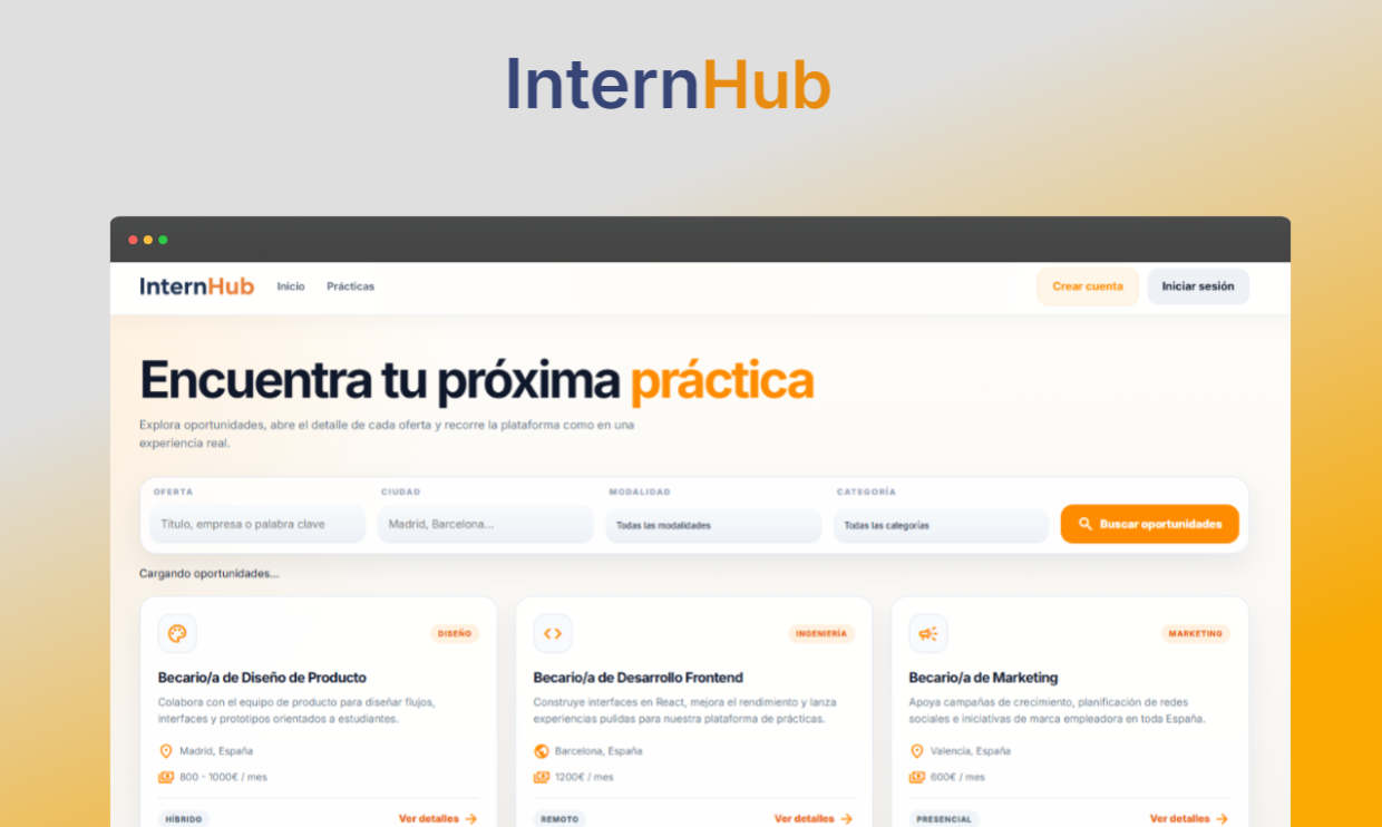 Vista de la plataforma de gestión de prácticas InternHub