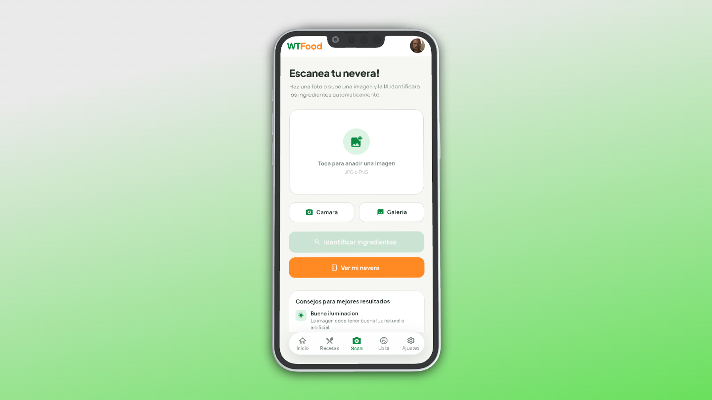 Pantalla de la aplicación de recetas WTFood